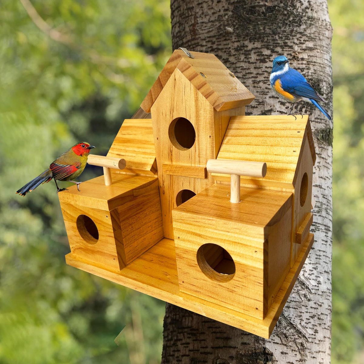 LENEDI Bird Houses for Outside Clearance, Large Bird House for 6 Bird Families Finch Cardinals Wooden Hanging Birdhouses for Outdoors Garden, Bluebird House Hummingbird Houses