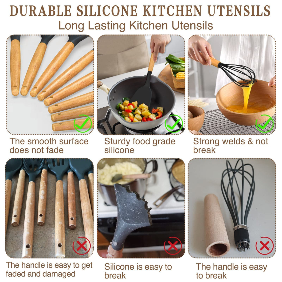 Umite Chef Kitchen Cooking Utensils Set, 33 pcs Non-Stick Silicone Cooking Kitchen Spatula Set with Holder, Wooden Handle Silicone Kitchen Gadgets Utensil Set (Black)