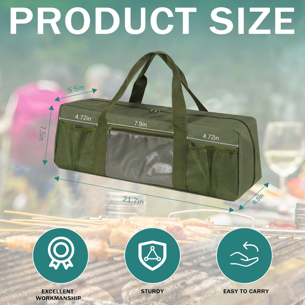 Frjjthchy Grill Tool Storage Bag, Large Grill Utensil Storage Caddy with Pockets, Portable Grill Accessory Storage Bag for Outdoor Camping & BBQ (Green)