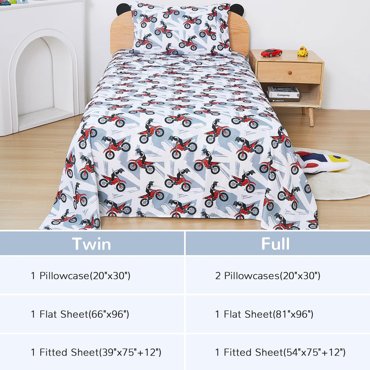 Viviland 3 Pieces Boys Grey Twin Sheet Set - Soft Microfiber Fitted Flat Sheets & Pillowcase - Red Motorcycle Print Bedding Sets - for Kids & Toddlers