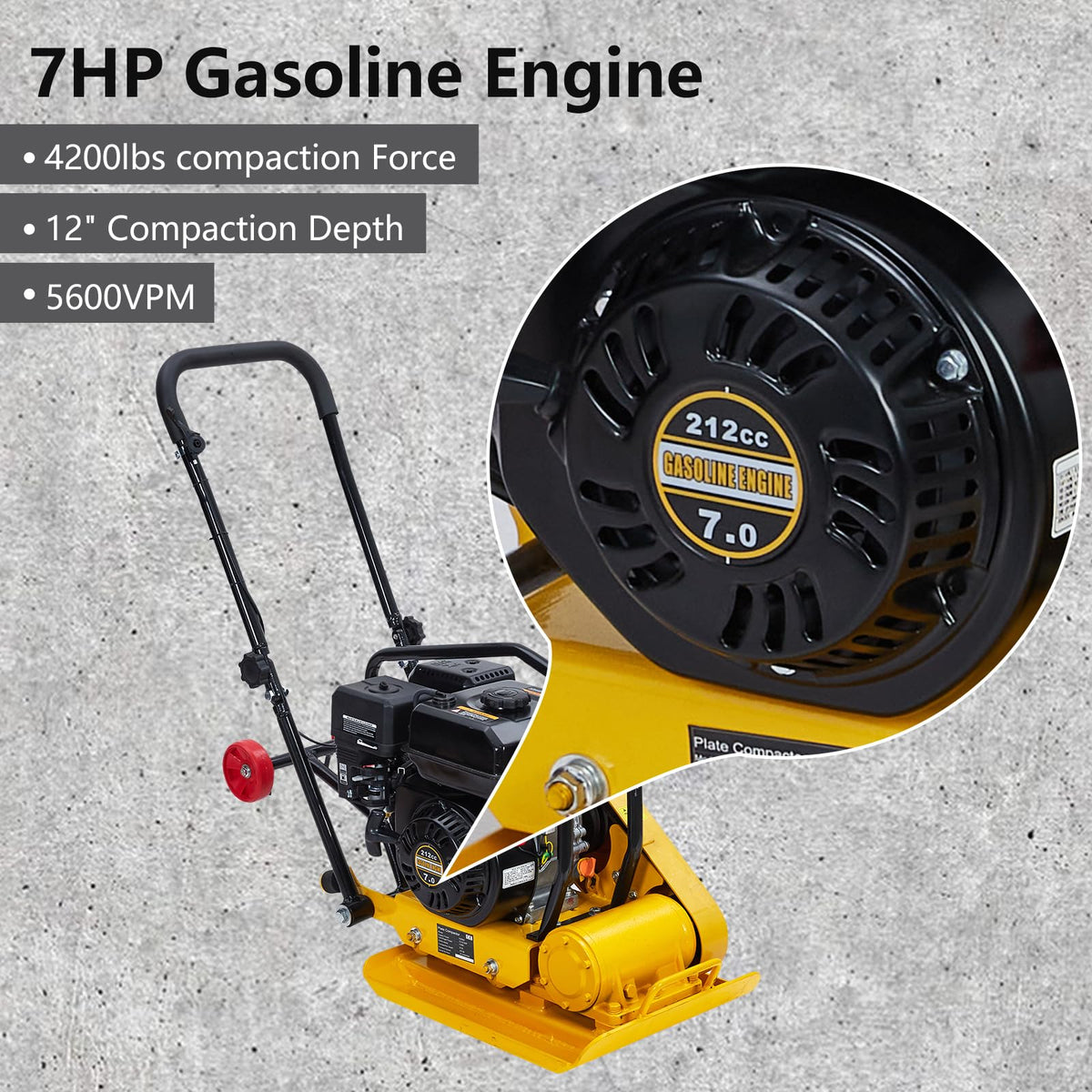 7HP Plate Compactor, 212CC Gas Engine, 4200lbs Power Jumping Jack Tamper, 22.1x15.9 in Plate Compaction Force Rammer Jumping Jack Tamper, 5600 VPM Pavement Compactor for Asphalts, Walkway