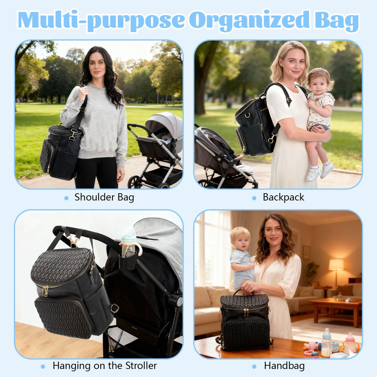 Minsong Diaper Bag Backpack, Fashion Leather Mommy Backpacks, Travel Baby Diaper Bags with in Bag Organizer and Changing Pad (Black-stripes)