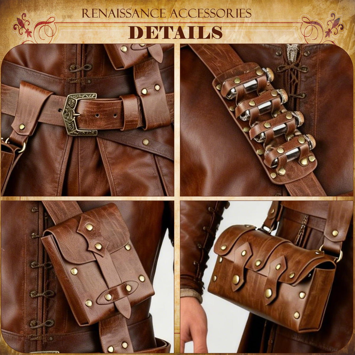 Whssusie Renaissance Accessories Men, 6-Pcs Medieval Alchemy Faux Leather Belt Pouch with 4 Cork Potion Vials Fantasy Wizard Waist Pouch Side Pack for Ren Faire Halloween, Brown