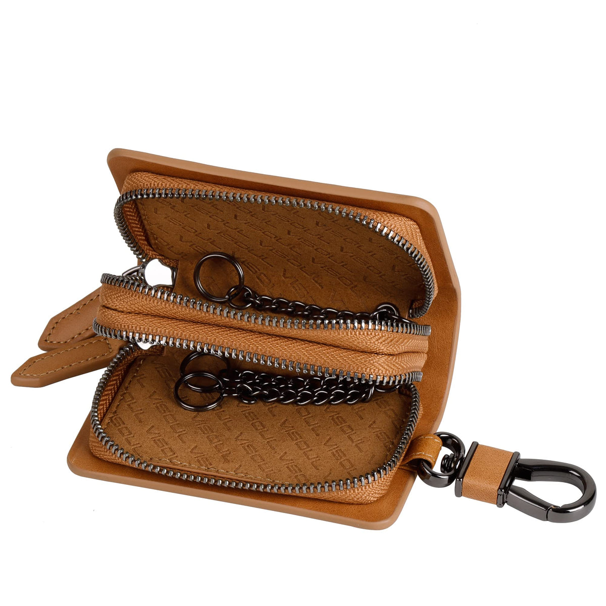 VISOUL Car Key Case Holder Double Zipper, Leather Car Smart Key Fob Case with Keychain for Men and Women-Tan