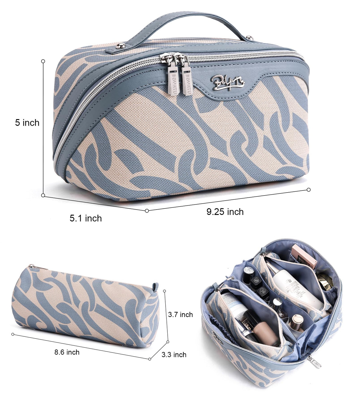 BOYATU Travel Makeup Bag for Women: Large Capacity 3-Piece Cosmetic & Toiletry Organizer - Expands Storage by 50% with 2 Detachable Pouches,Opens Flat for Easy Packing,Waterproof PU Leather(Blue)