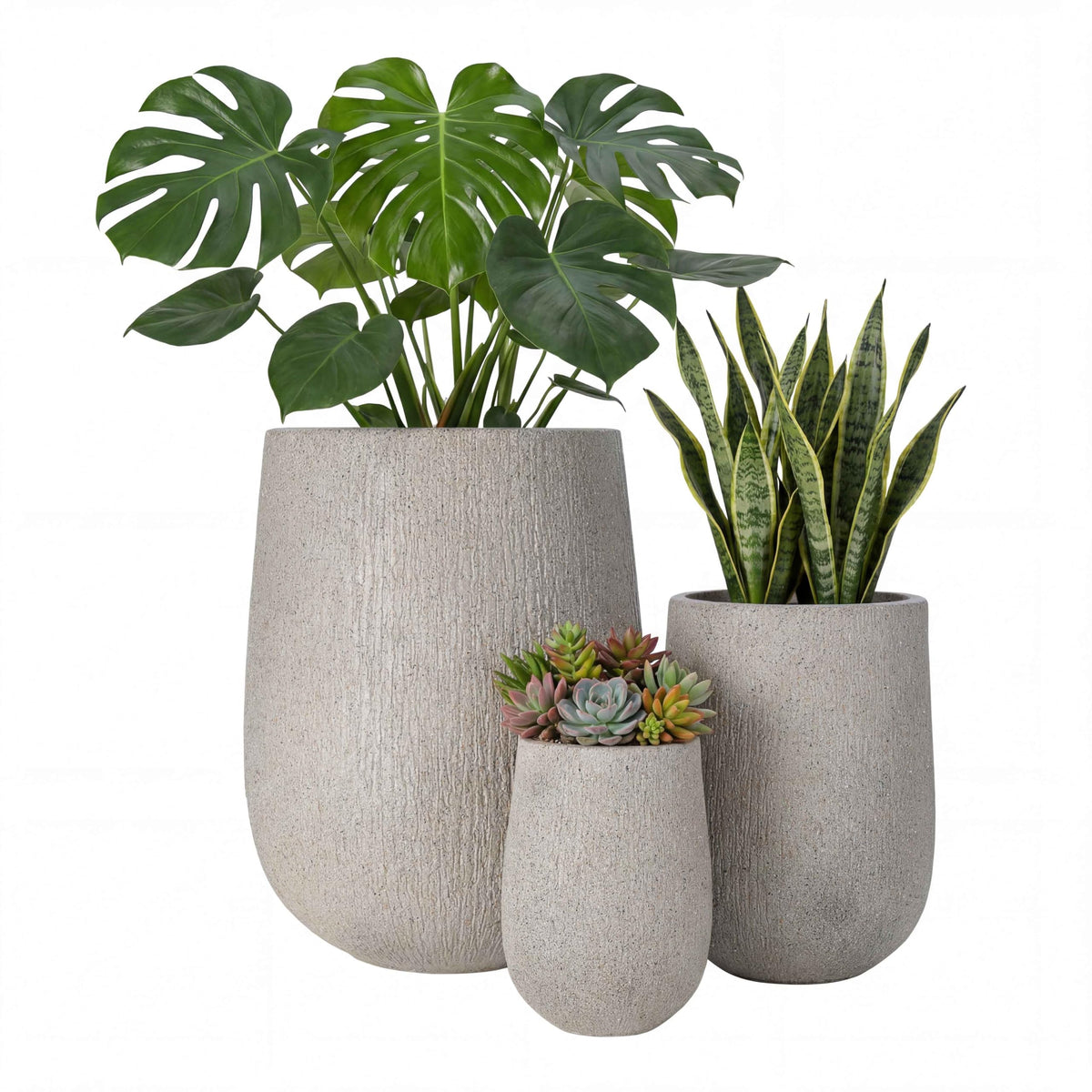 Modern Egg-Shaped Planter Set of 3, Lightweight MGO Stone Look Flower Pots with Drainage Holes & Rubber Plug for Indoor Outdoor Patio Garden Poolside Decor, Unique Textured Succulent Container