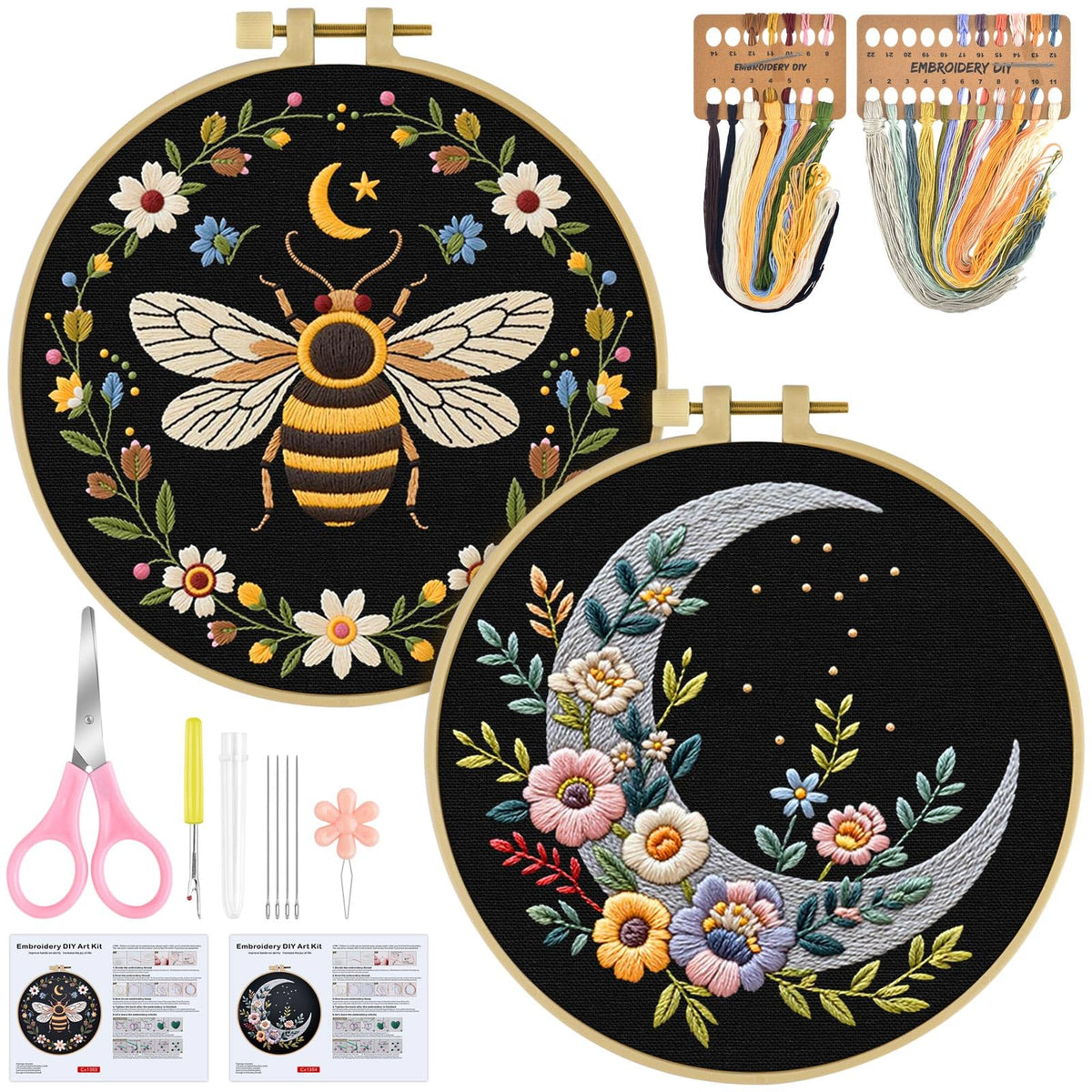 ERKOON Embroidery Kit for Beginners, 2 Set Flower Cross Stitch Set Include Embroidery Cloth Hoops Threads for Craft Lover Hand Stitch with Embroidery Skill Techniques (Bee Moon)