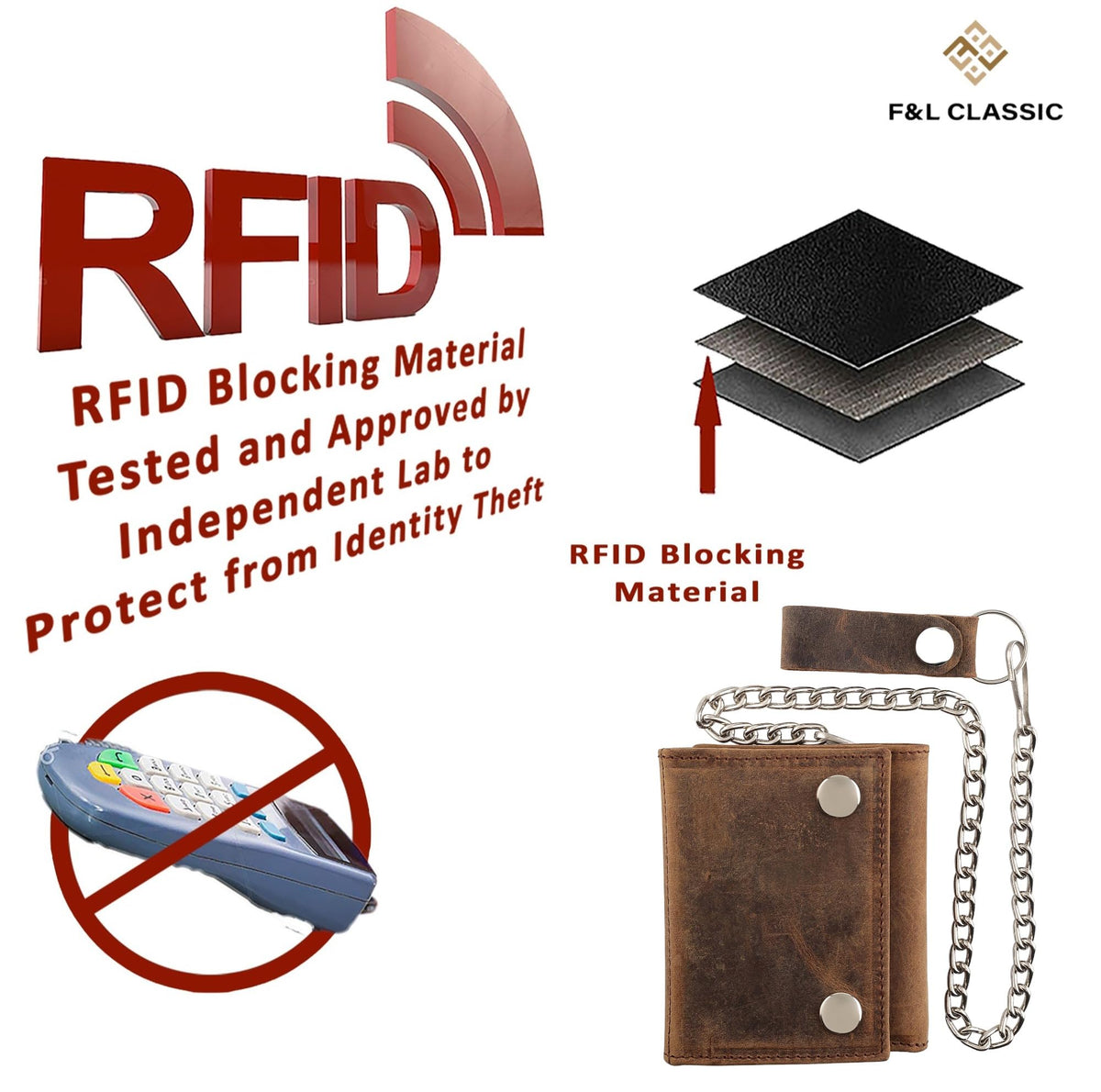 F&L CLASSIC RFID Blocking Men's Tri-fold Vintage Biker Cowhide Leather Steel Chain Wallet,Snap closure, USA,Vintage buffalo brown,315