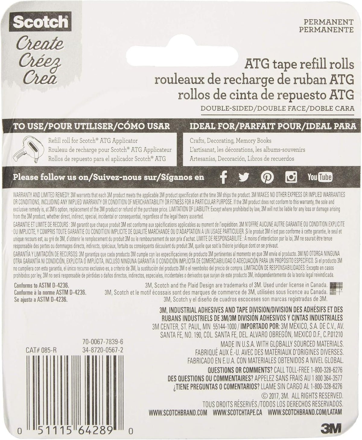 Scotch Advanced Tape Glider Refill Rolls, 1/4 Inch x 36 Yards – (3 Pack, 2 Rolls per Pack) Double-Sided Adhesive for ATG 714 Glider, Scrapbooking & Crafts
