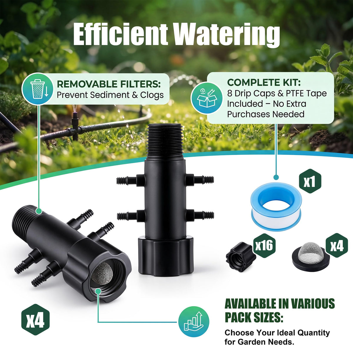 Gulfmew 5 Pack 4 Port Drip Irrigation Manifold with Filter, Drip Irrigation Riser Adapter, Watering Manifold for Gardening Systems, 1/2" Female Pipe Thread x 1/2" Male Pipe Thread x 1/4" Barbed End