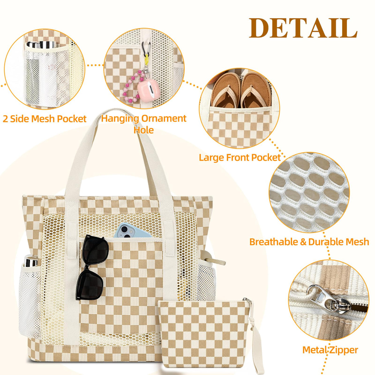 MIAOJIE Mesh Beach Tote Bags for Women Corduroy Tote Bag Sandproof Mesh Beach Bag With Zipper Pocket Pool Bag for Weekender Travel Cruise Swim -Khaki Plaid