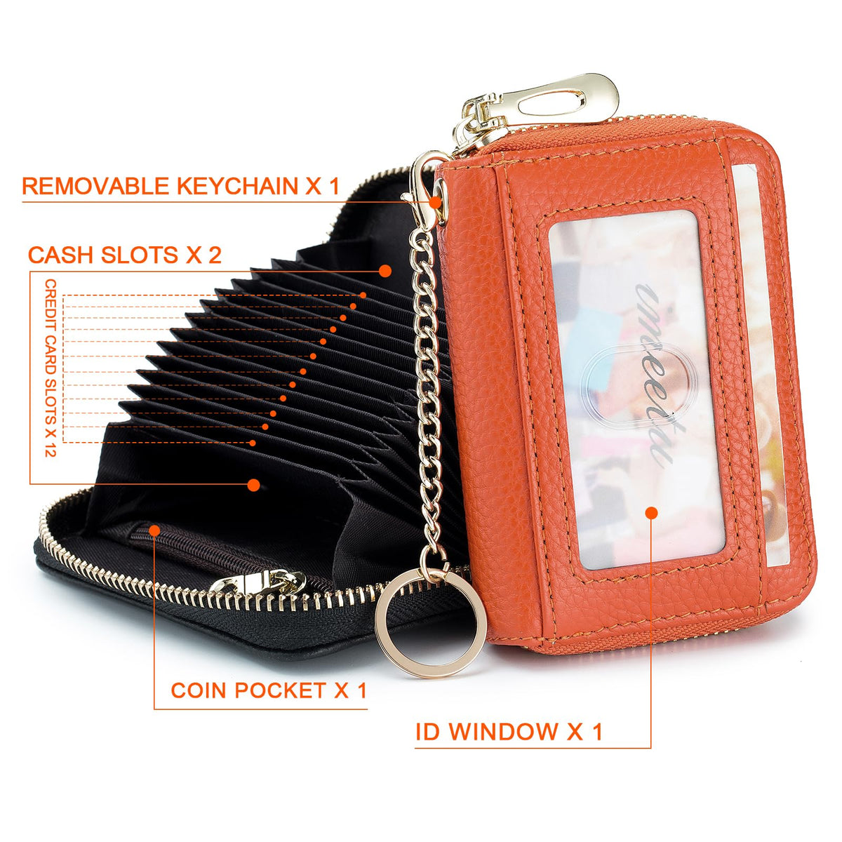 imeetu RFID Credit Card Holder, Small Leather Zipper Card Case Wallet with Keychain and ID Window for Women (Pro,Orange)