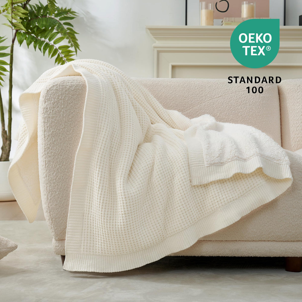 Amélie Home Reversible Waffle Weave Throw Blanket, Chenille Knit with Warm Sherpa, Soft Cozy Blanket for Couch, 50"x60", Ivory