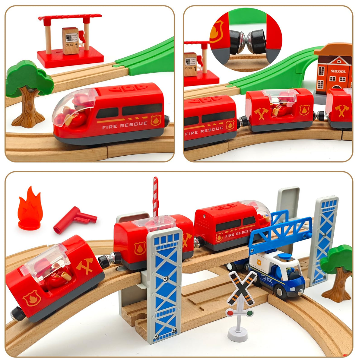 Battery Operated Rescue Fire Fighting Truck for Wooden Train Tracks with Figures Kids Magnetic Wooden Trains Set for Toddlers Boys 3-5 4-8 (Without Battery and Tracks)
