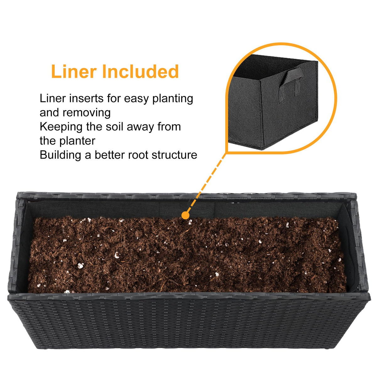 SUNNYPARK Black Rectangular Planter Box All-Weather PE Rattan Large Modern Planters with Removable Liner Indoor Outdoor Decorative Flower Pot for Patio, Balcony, Garden