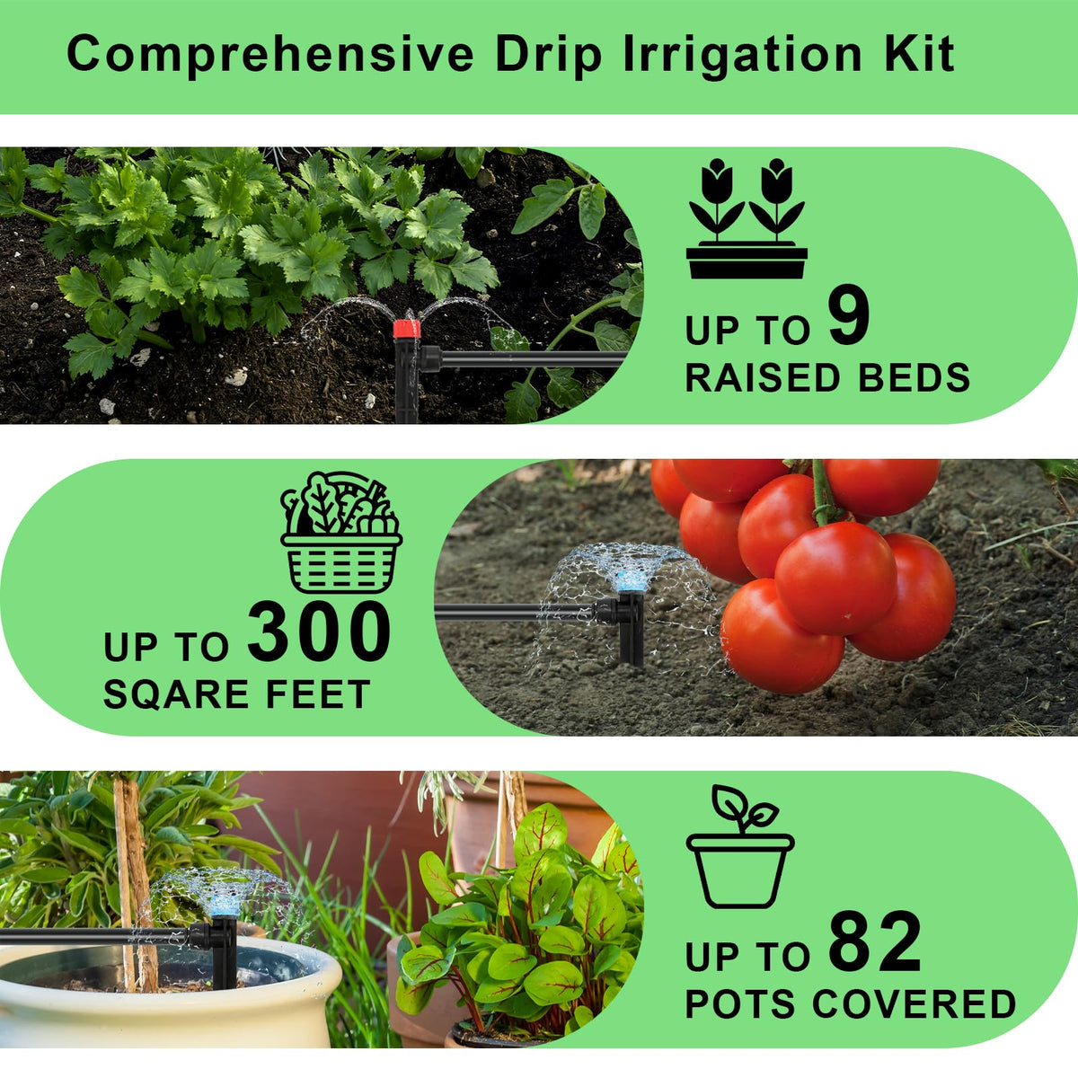 250FT Drip Irrigation System Kit, 50FT 1/2" Main Tube & 200FT 1/4" Tubing, Quick Connect Design, Brass Splitter, Adjustable Emitters & Misting Sprayers for Garden, Lawn, Raised Beds, Outdoor Plants