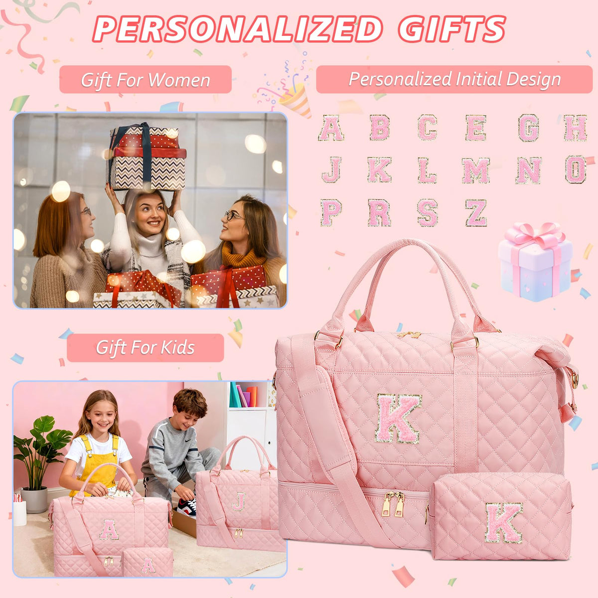 CLOUDWINGS Gifts for Women Girls Initial Travel Duffle Bag Quilted Weekender Carry-On Overnight with Cosmetic Bag, Gym Bag with Shoe Compartment, Pink K