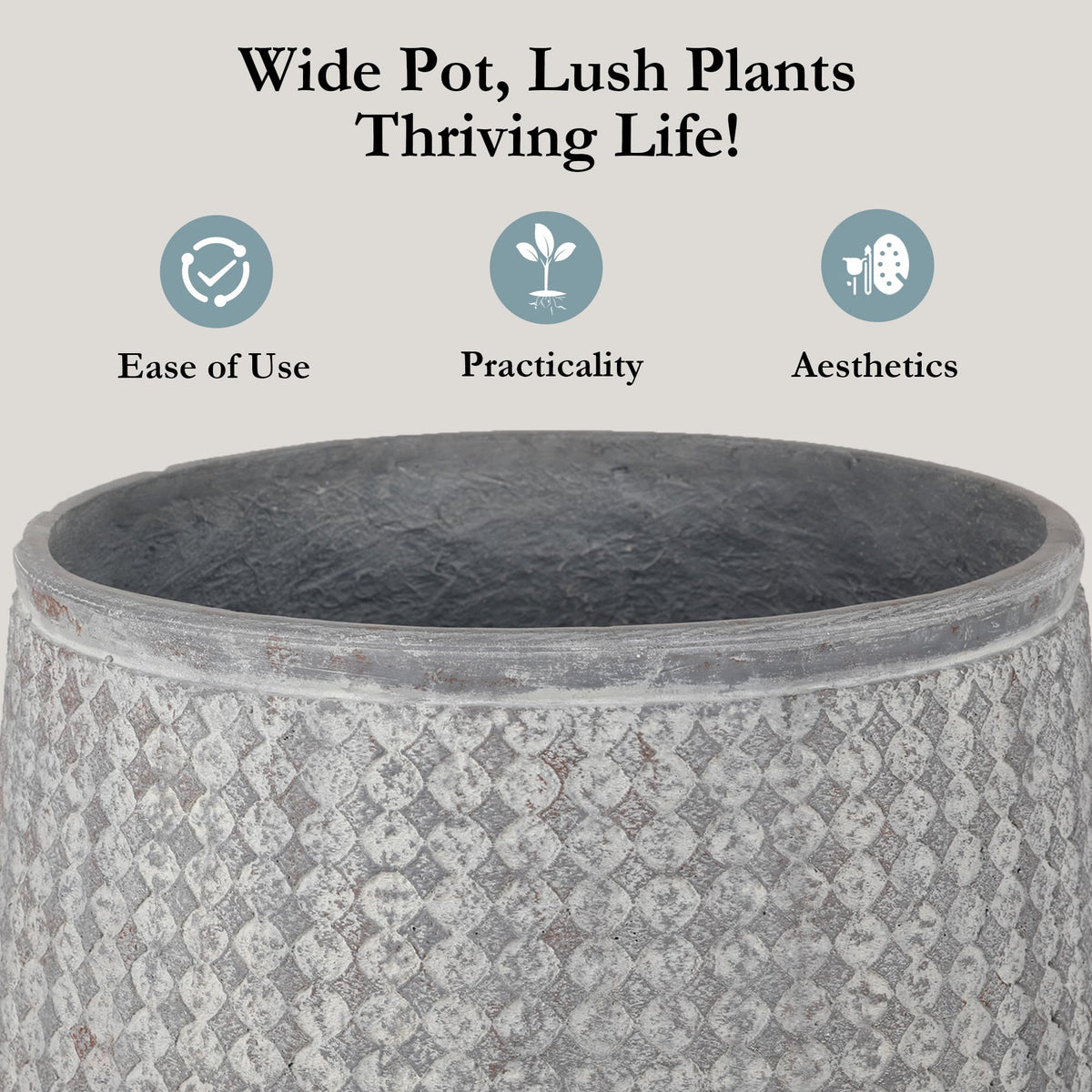 Worth 12" and 14.5" Round Planters, Lightweight Magnesium Oxide Cement Plant Pot, Raised Pattern Concrete Look with Drainage Hole, Grey