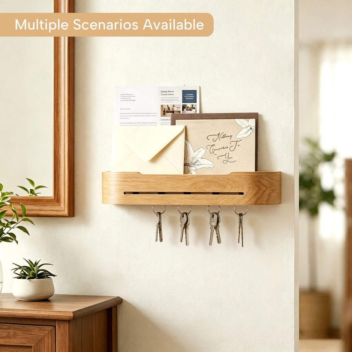 XENARAN Wall Mount Key Holder with 5 Hidden Hooks Modern Key Hanger Rack Wood Hollow Entryway Hook Mail Organizer Tray Shelf Home Decor for Car Key Ring Dog Leash Sunglasses Bags