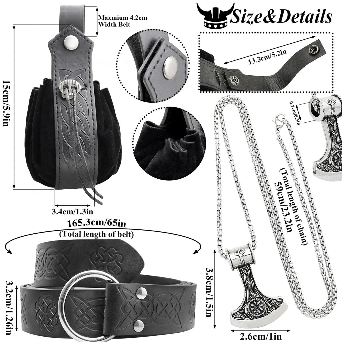 5pcs Medieval Viking Knight Bracers Arm Guards,Knight Belt,Drawstring Purse Pouch Bag and Stainless Steel Chain Axe Necklace Set for Renaissance Faires,LARP events,or Halloween costumes,5 Black set