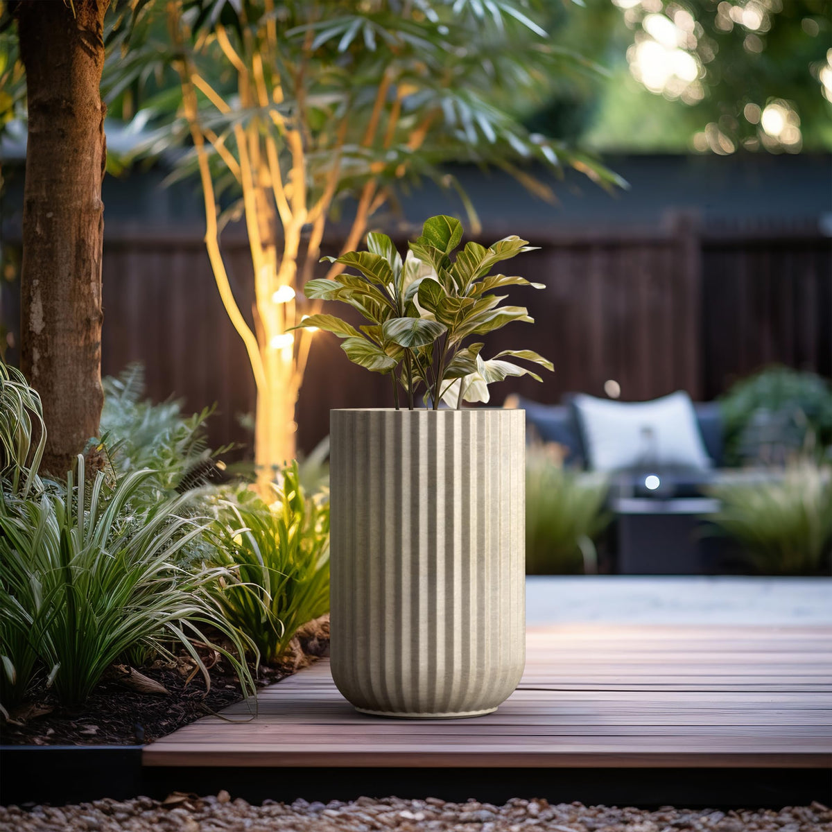 Kante Tall Fulted Planter, 21.7 Inch Tall Round Concrete Plant Pots with Drainage Hole and Rubber Plug, Modern Decor for Indoor Outdoor Plants, Flower, Weathered Finish with Painted Interior