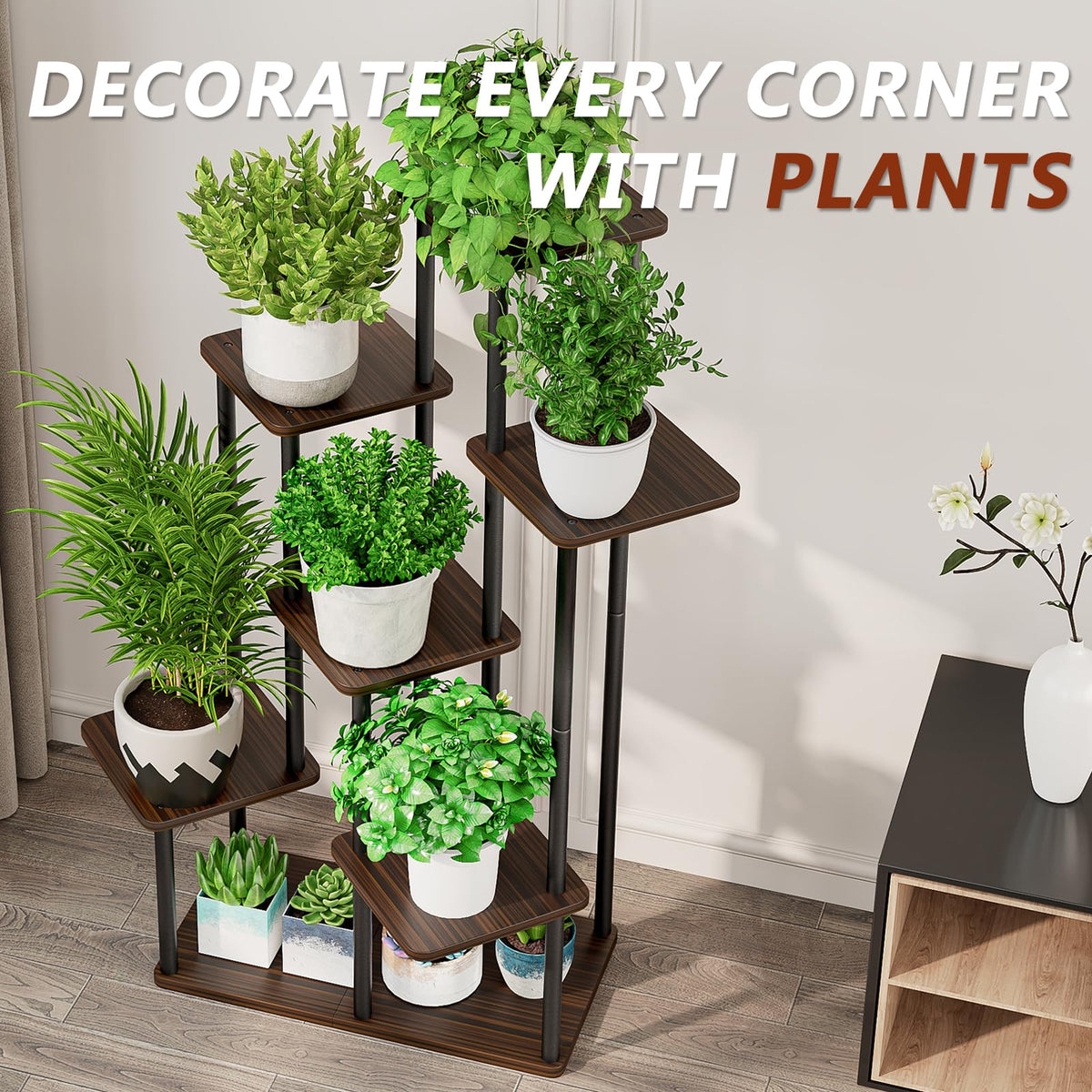 AZERPIAN Plant Stand 7 Tier Indoor Metal Flower Shelf for Multiple Plants Corner Tall Flower Holders for Patio Garden Living Room Balcony Bedroom, Black Oak