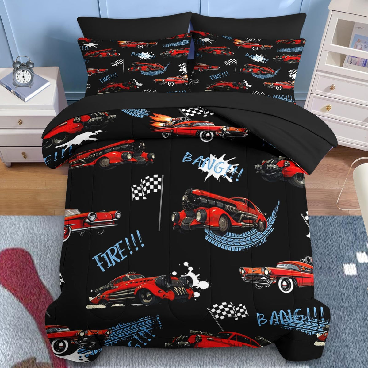 Nesker 5 Pcs Car Comforter Set Twin Size, Rad Race Car Boys Bedding Black Bed in a Bag for Kids and Adults, Retro Cool Truck Bed Sheet Sets with Fitted Sheet Pillowcases & Shams