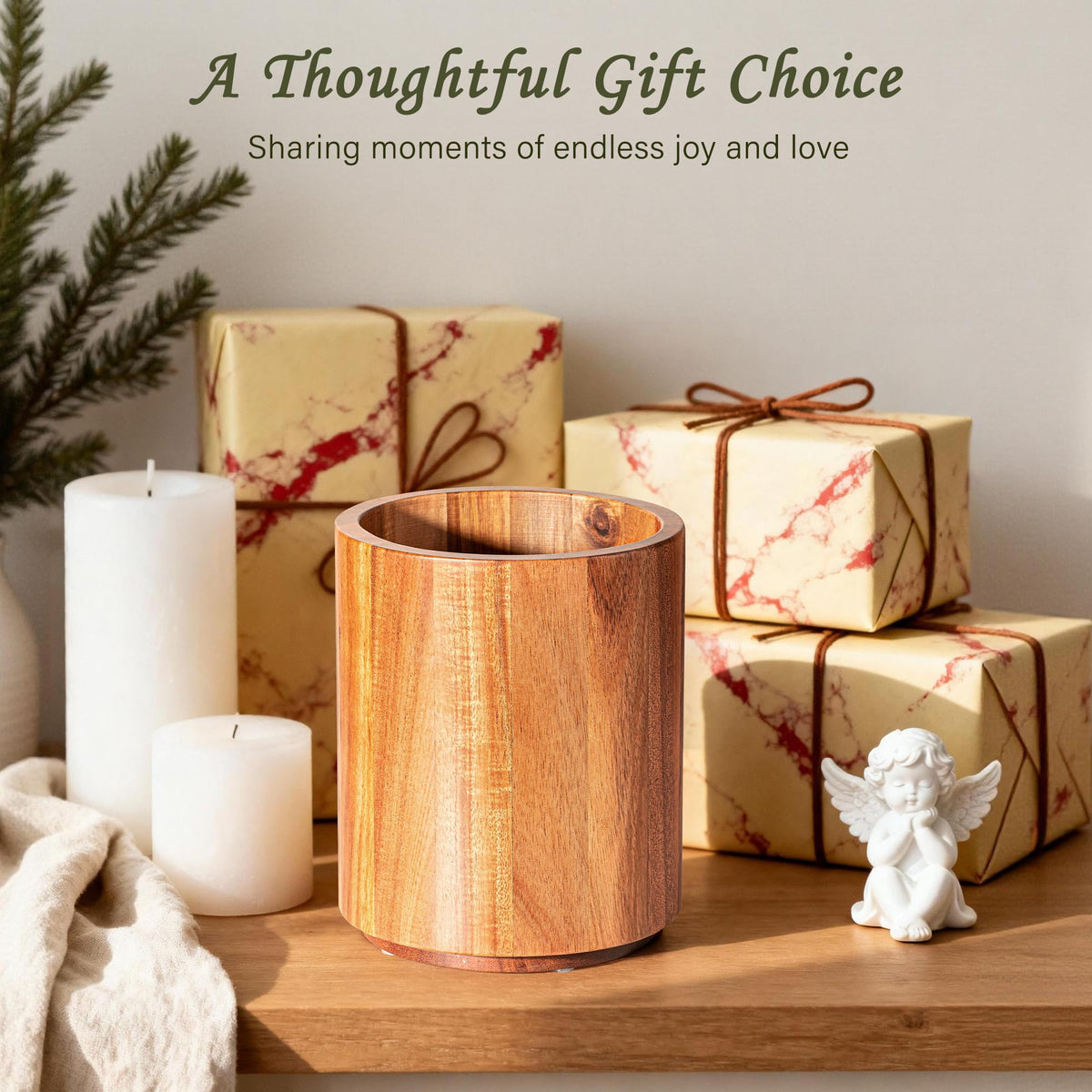 Criusia Utensil Holder 2 Pack, 360° Rotating Acacia Wood Cooking Utensil Crocks for Kitchen Counter, Farmhouse & Modern Decor, (2 Large)