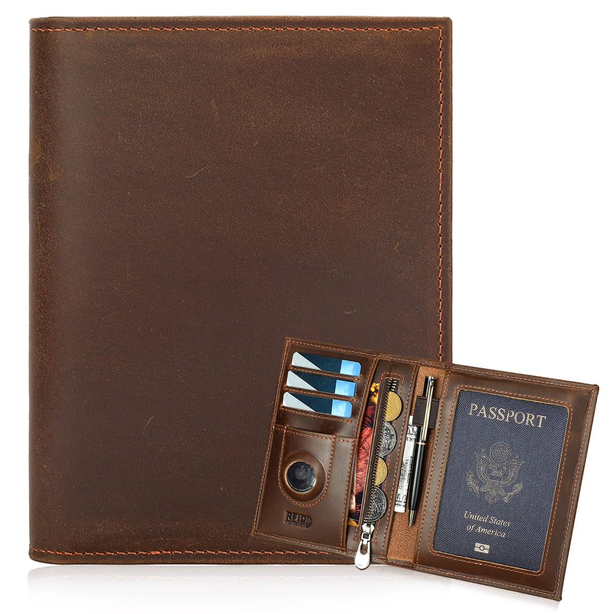 HIDO RFID Passport Holder for Men, Slim Leather Travel Wallet with Airtag Slot & RFID Blocking