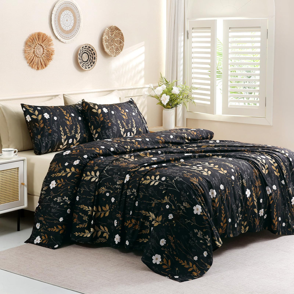 Botanical 6-Piece King Size Sheets Set, Boho Floral Print Brushed Microfiber Sheets, Cooling Bed Sheet Set, Ultra Soft & Breathable, 16' Deep Pocket Fitted Sheet & Pillowcase Set, Beige Brown Leaves