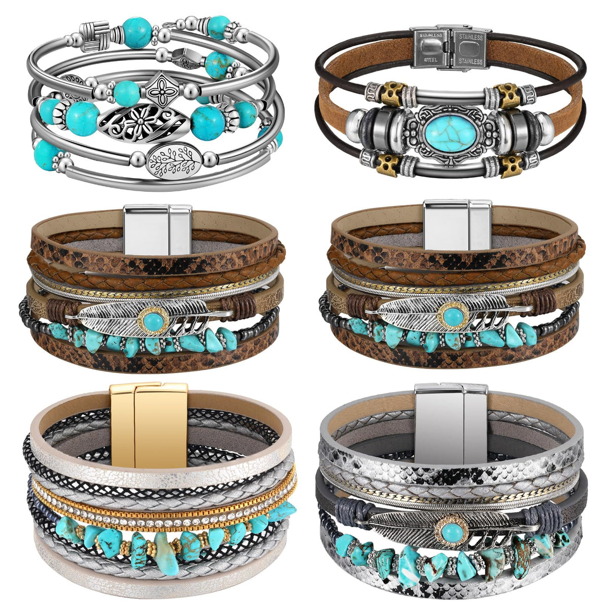 Sasylvia 6 Pcs Turquoise Bracelet for Women Leather Bracelet Western Jewelry for Women Multilayer Boho Cuff Bangle Set(Classic)