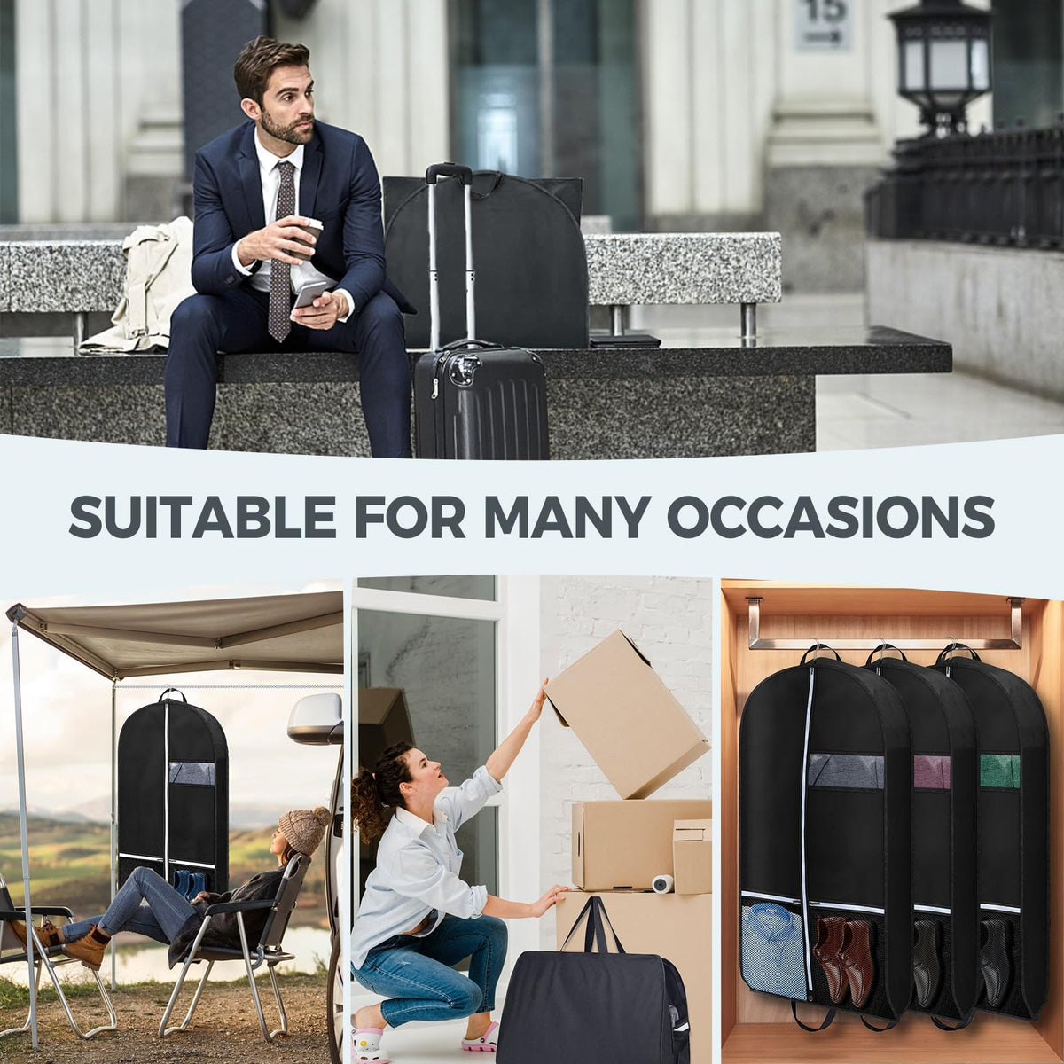 2 pcs 43" Garment Bags for Travel, Suit Bags for Clothing Storage with 2 Handle, Garment Bags for Hanging Clothes Covers with 4" Gussets for Coats, Jackets, Shirts, Sweater