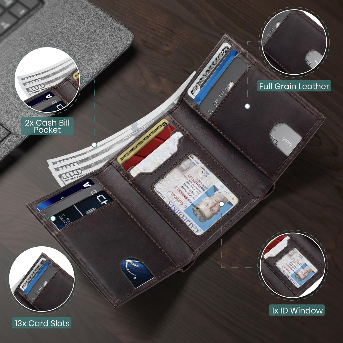 SERMAN BRANDS Trifold Wallet for Men - RFID Blocking Full Grain Leather, 11 Card Slots & ID Window, Slim Everyday Carry, Durable Stitching, Gift for Him