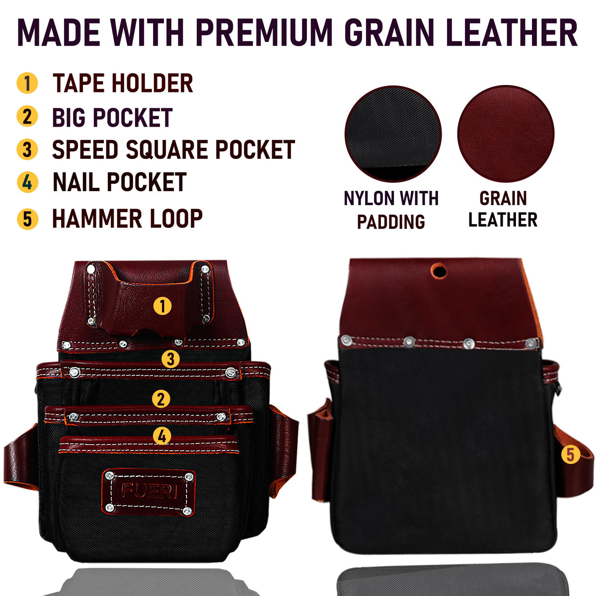 FUERI Professional Tool Belt With Bags Pouches for Men Nylon Leather Belts Carpenter Construction Electrician Framer Worker