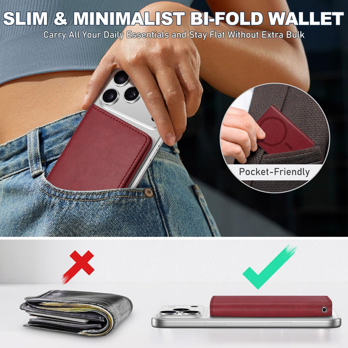 TUCCH for Magsafe Card Holder with Clear ID Window, Fit 6 Cards, RFID Blocking PU Leather Men Women Magnetic Phone Wallet for iPhone 17/16/15/14/13/12/Plus/Air/Pro/Pro Max Series, Dark Red