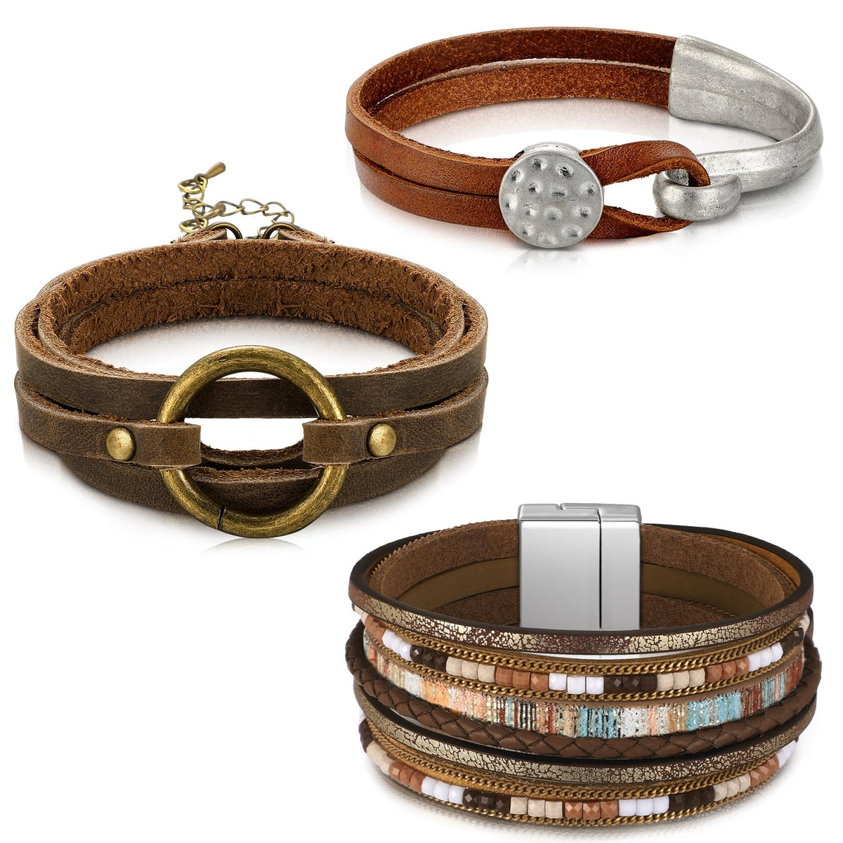 Inbagi 3 Pcs Western Jewelry for Women Bohemian Leather Bracelets for Women Faux Leather Multi Layered Wrap Bracelets Wristbands Cuff Boho Splicing Bangle Mens