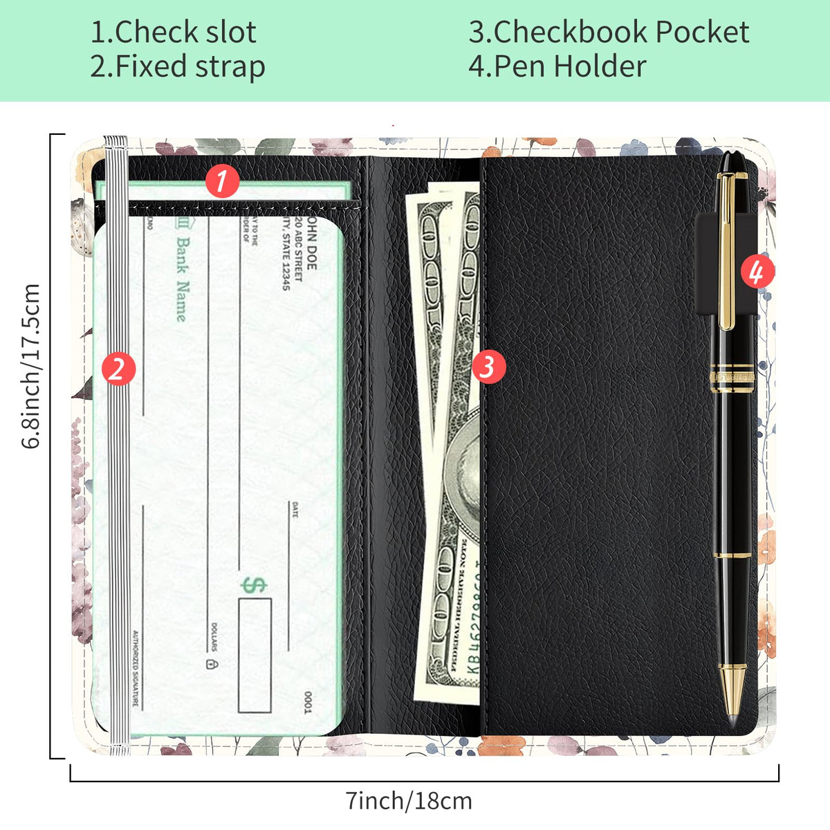 APVDSH Checkbook Cover for Personal Checkbook, Cute PU Leather Check Book for Women & Men, Slim Checkbook Holder with Pen Holder and Built-in Clear Plastic Divider Soft Neutral Floral