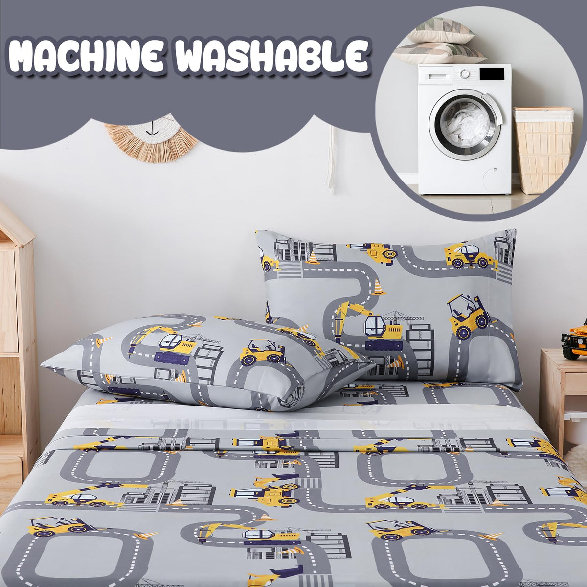 Yibeizi Full Size Sheets Set Kids, Grey Truck Pattern Microfiber Double Bed Sheets, Cute Soft Oeko-Tex Extra Deep Pocket Sheets & Pillowcases Cooling Hypoallergenic Wrinkle Free Bedsheets
