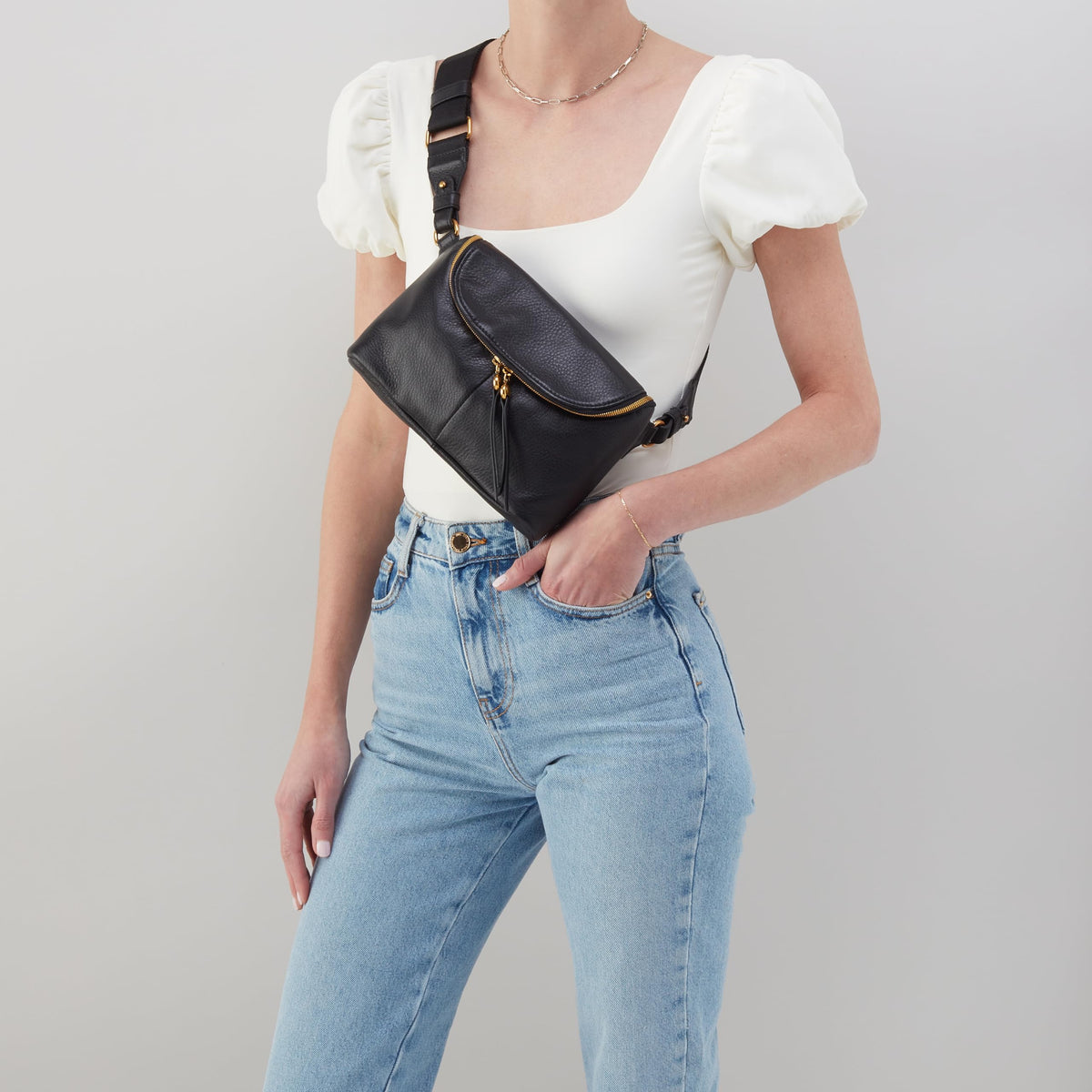 HOBO Fern Leather Belt Bag for Women - Adjustable Strap for Crossbody or Fanny Pack Style, Zipper Pocket, Holds Passport & Phone, Hands-Free Travel & Everyday Essentials - Black