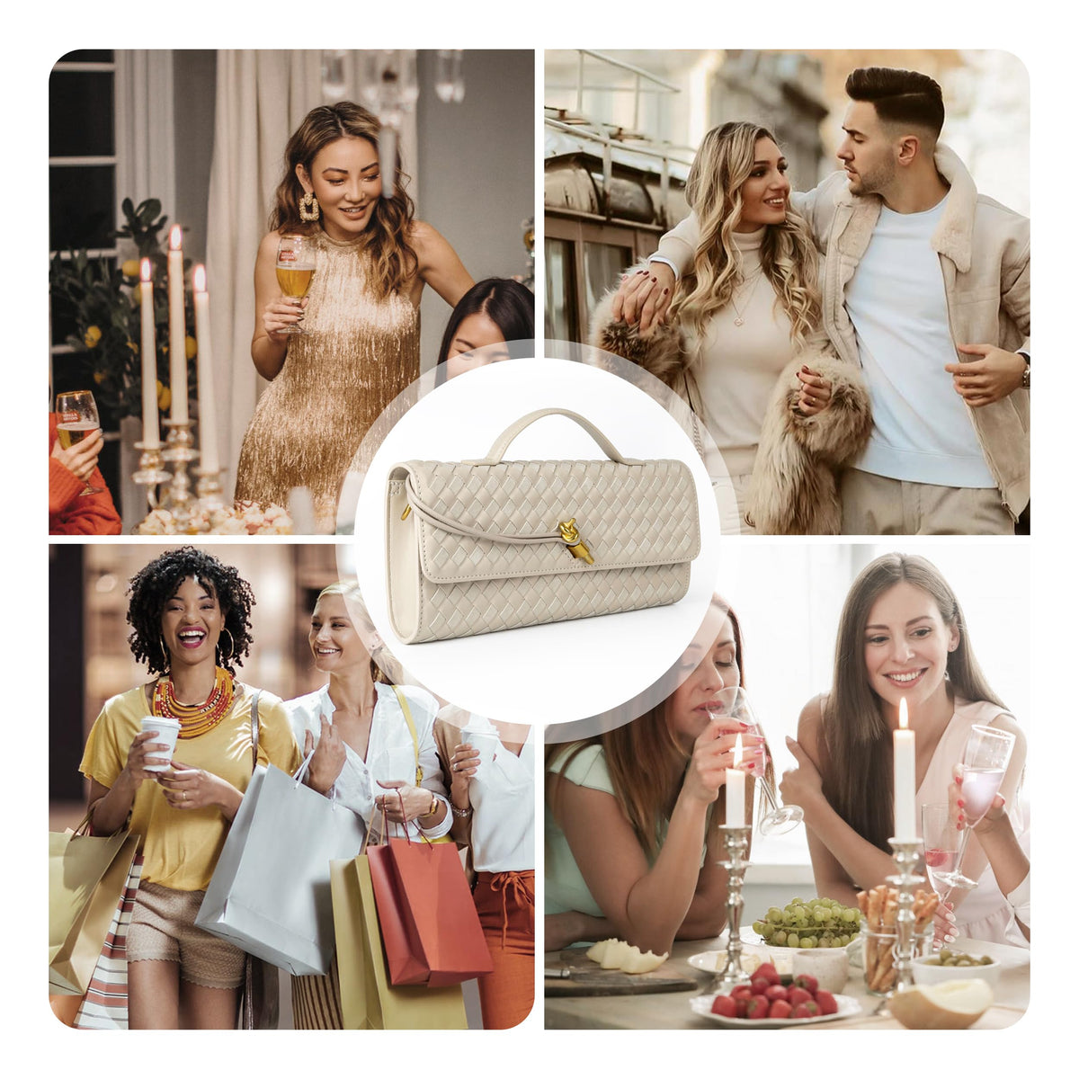 Joryin Woven Purse For Women Evening Clutch Woven Leather Handbags Crossbody Bag Suede Purse Formal Evening Bag, Seashell Beige