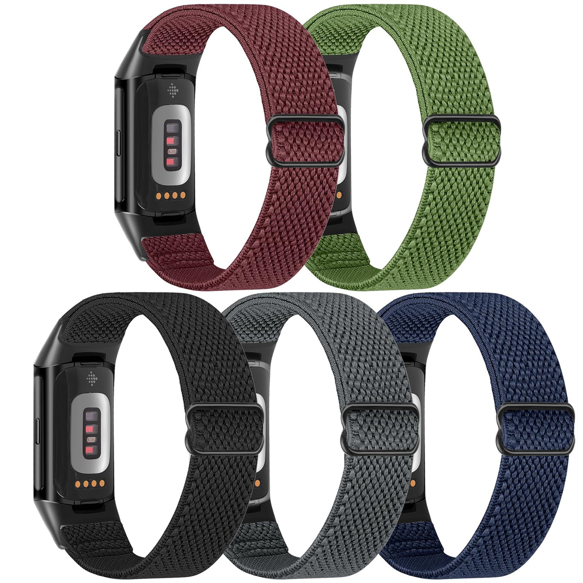 Bcuckood 5 Pack Elastic Nylon Watch Bands Compatible for Fitbit Charge 6/Fitbit Charge 5, Adjustable Breathable Replacement Stretchy Nylon Loop Wristband Sport Strap for Women Men