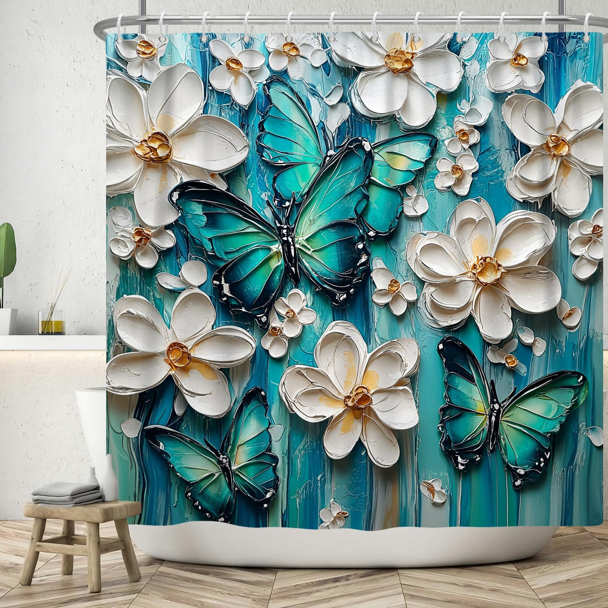 Pnylzzyxh Butterfly Shower Curtain Green Blue Oil Painting White Boho Flowers Bathroom Curtains Rustic Farmhouse Floral Washable Shower Curtain Sets 72x72 in with 12 Hooks