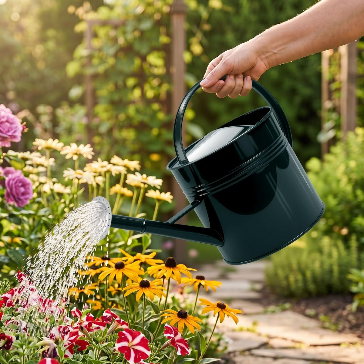 LONGRUN 2.5 Gallon Dark Green Metal Watering Can Primary Colors Nozzle for Plants and Garden with Removable Spout, Made of Galvanized Iron