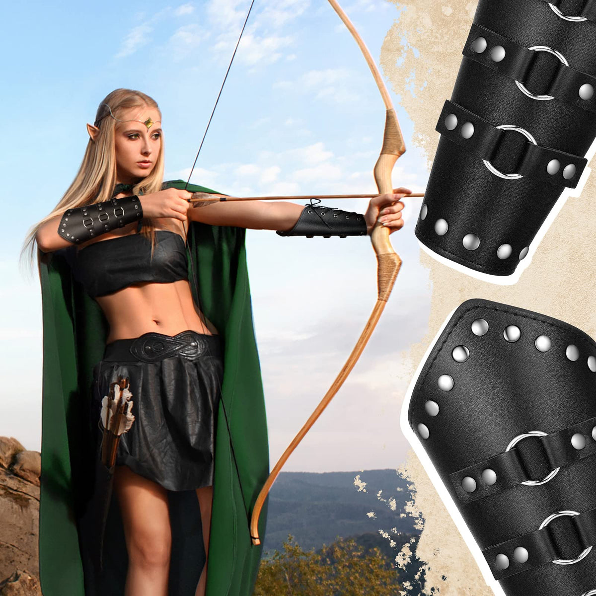 Patelai 1 Pair Faux Leather Arm Guards Arm Bracers Leather Gauntlet Medieval Viking Cosplay Accessories for Men Women(Black,One Size)