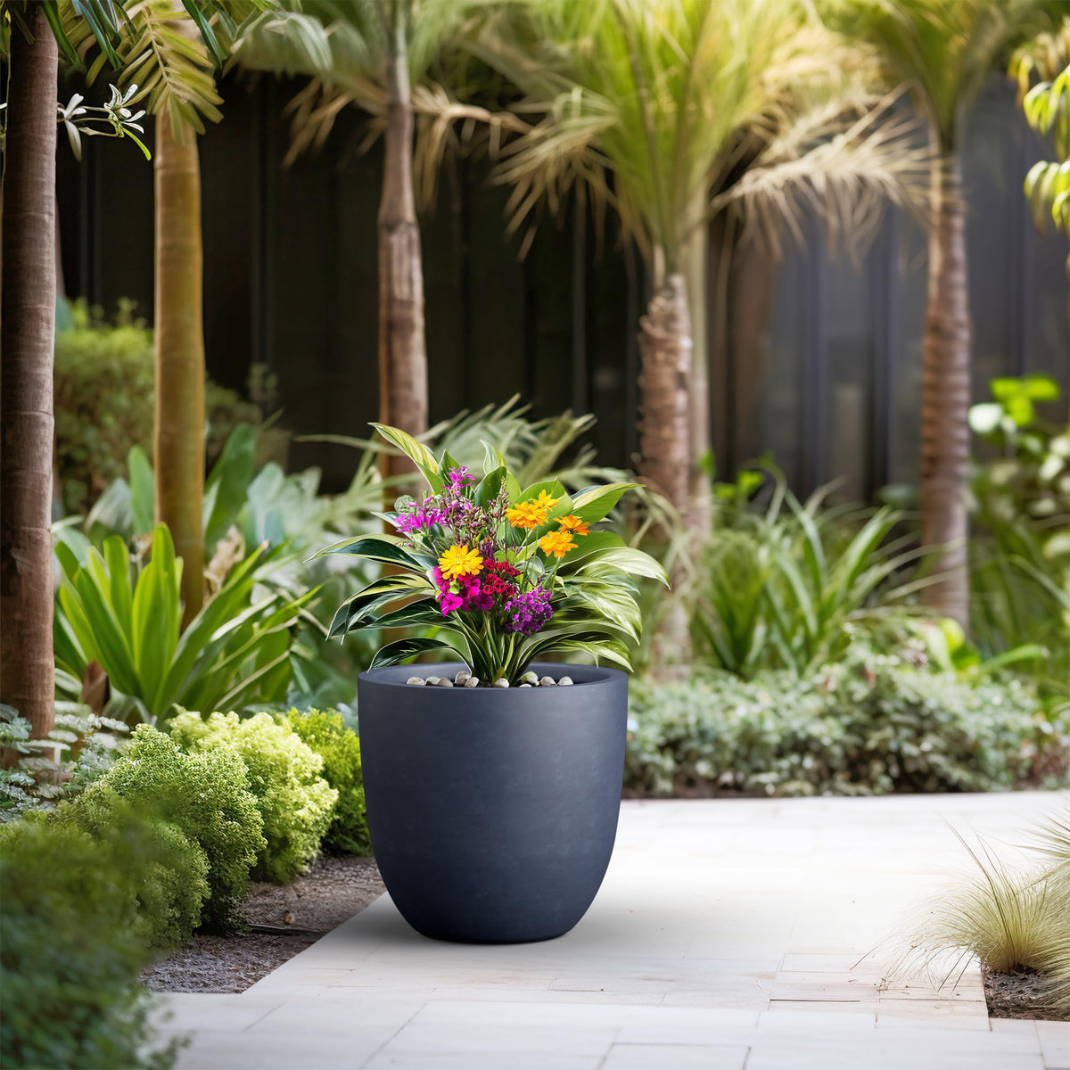 Kante 18 Inch Dia Round Concrete Planter, Indoor Outdoor Large Plant Pot with Drainage Hole and Rubber Plug for Home Patio Garden, Charcoal