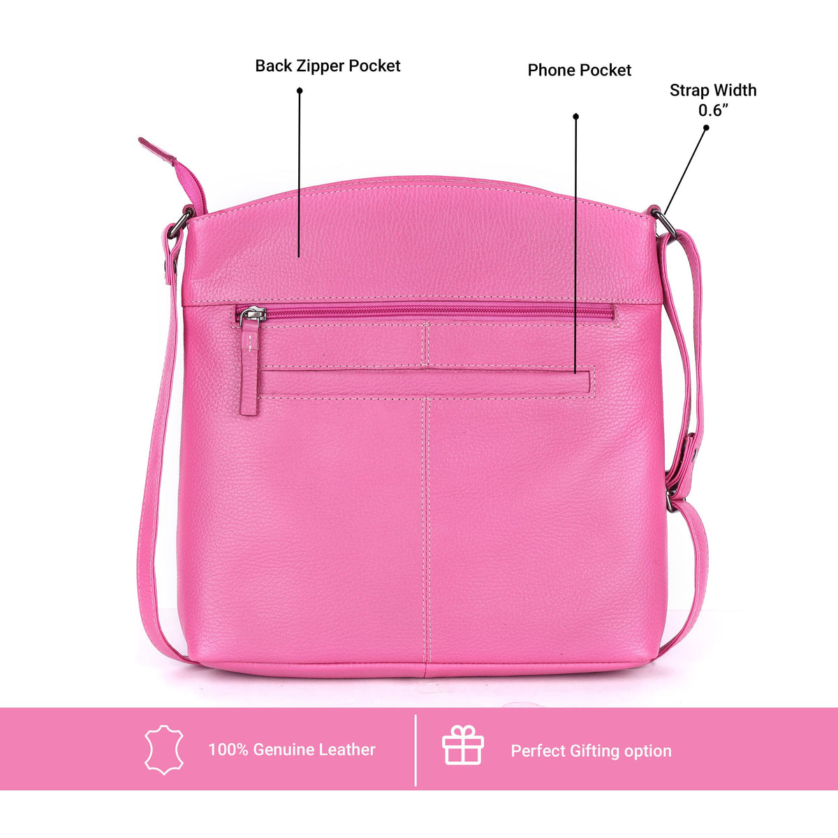LEDERBUCK Terry Large Soft Real Leather Womens Crossbody Handbags and Purses-Triple Zip Premium Sling Crossover Shoulder Bag (Fuscia Pink)