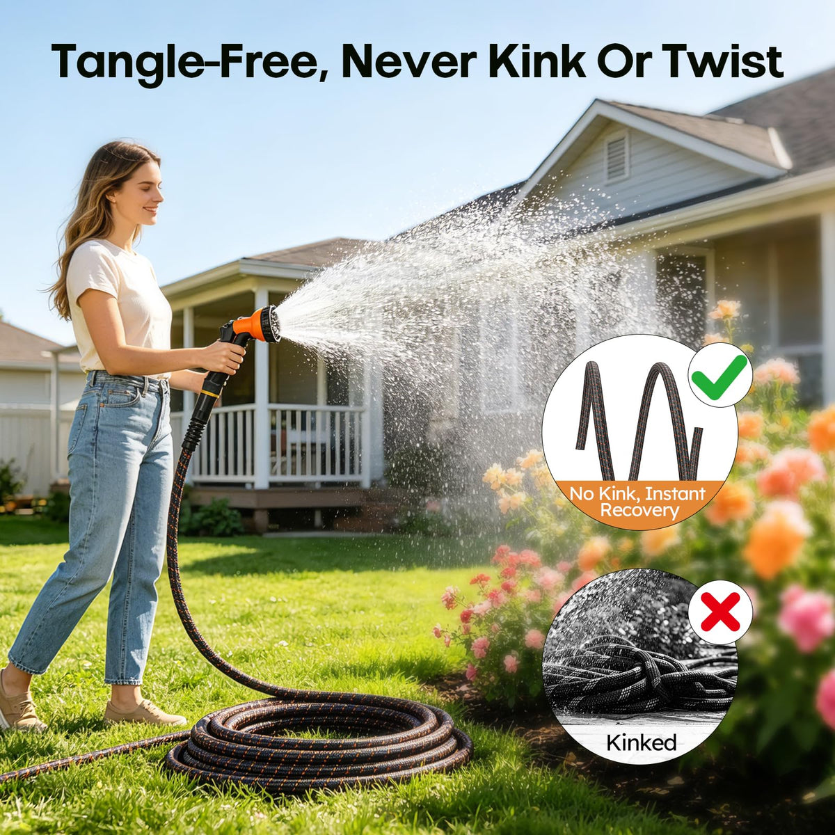 Garden Hose, 3/4" Flexible Water Hose Ultra Lightweight, Non-Expandable with 10 Function Nozzle, Kink-Free, Leak-Proof, 360° Swivel, Abrasion Resistant & Easy to Store for Yard Lawn, Outdoor (75ft)