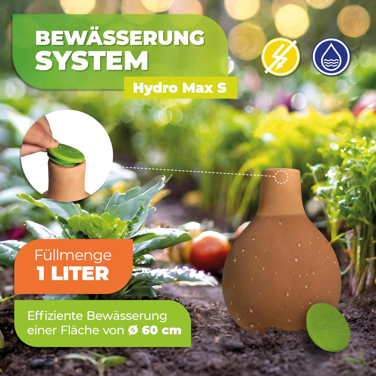 BioGreen Plant Self-Watering System Hydro MAX S | 0.3 gal | Irrigation Ø 23.6 in | Olla Made of Fired Clay | Watering Globe | Terracotta Water Saver for Gardens, Vegetables & Raised Beds