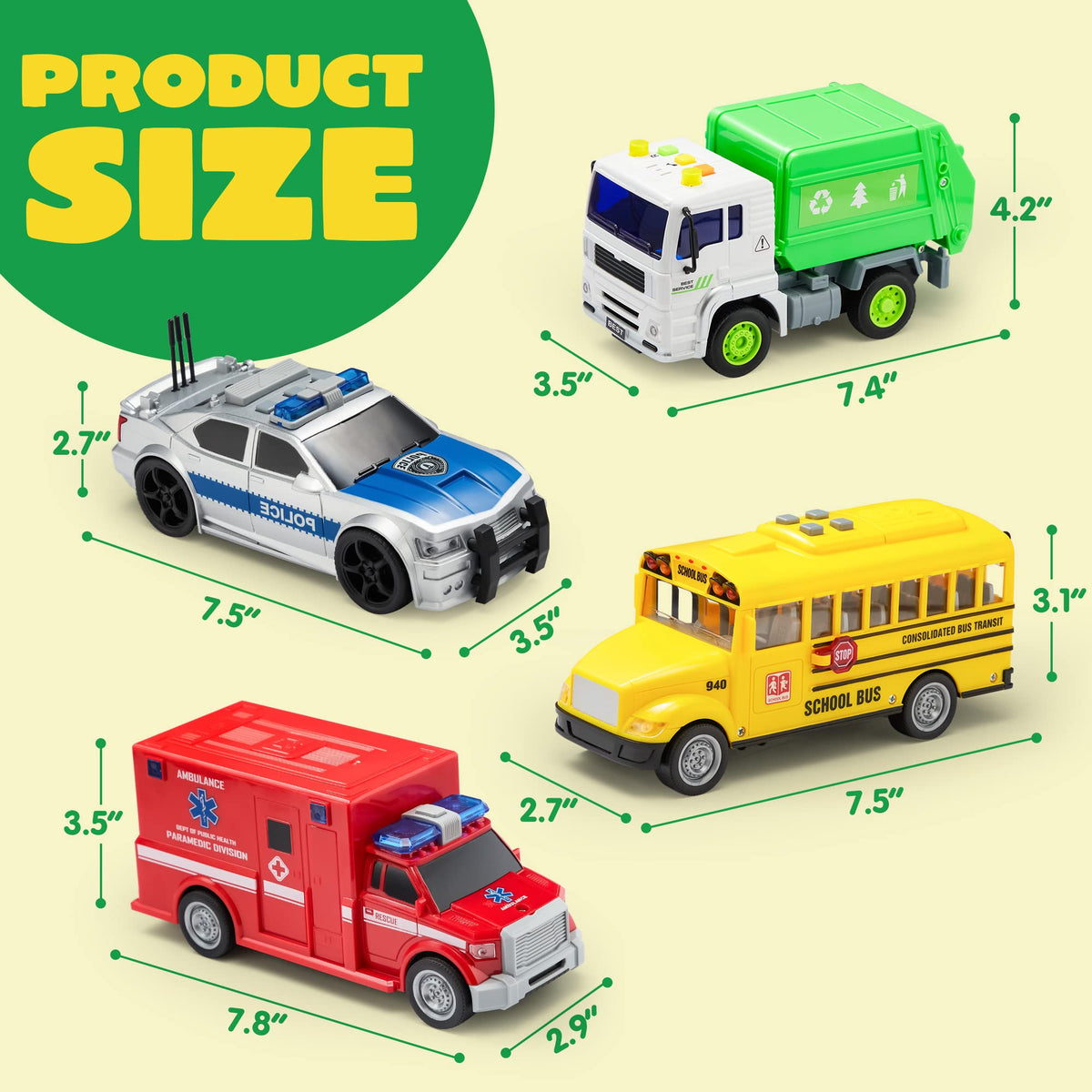 JOYIN 4 Pcs 7" Long Vehicle Toy Set, Toddlers Cars with Lights and Siren Sound, Including Play Police Car, School Bus, Garbage Truck, Ambulance, Birthday Party Gifts Toys for Boys 3-5