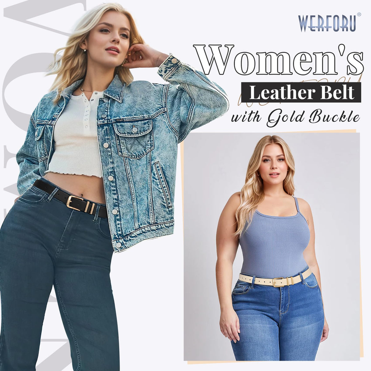 WERFORU 3 PACK Women Belt Women Fashion Leather Belts for Jeans Pants Ladies Belts with Gold Buckle,A-Black+Brown+Beige,Fit Waist Size 37-41 Inches